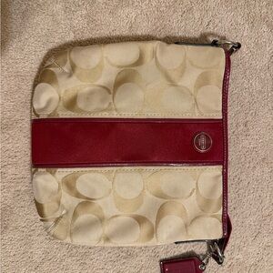 Coach Beige Canvas Wristlet with Wine Leather Stripe